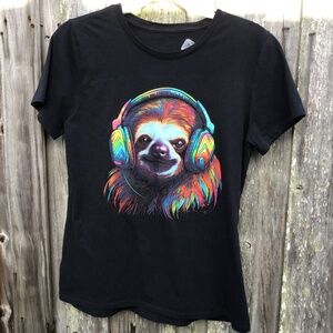 Sloth with headphones black medium lightweight animal tee shirt. Y2K graphic